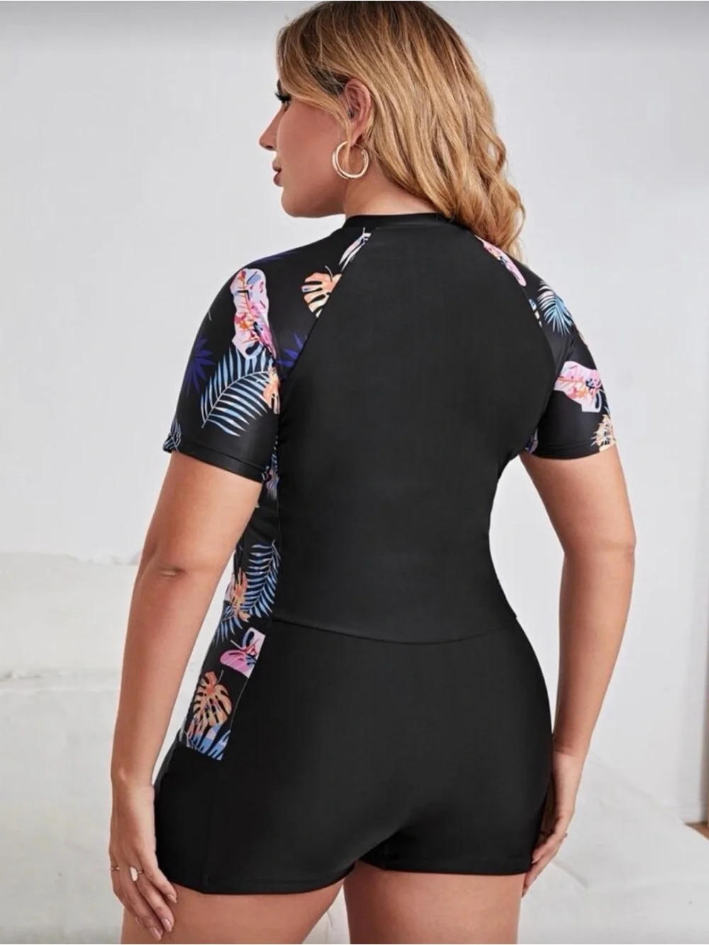 Zip Front Tropical Print One Piece Swimsuit Black Floral